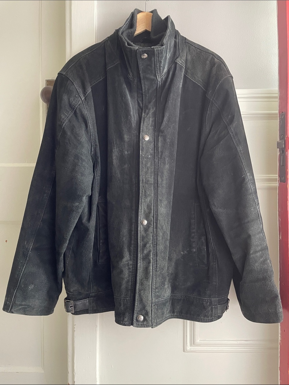 Vintage black leather moto-inspired utility jacket -XL